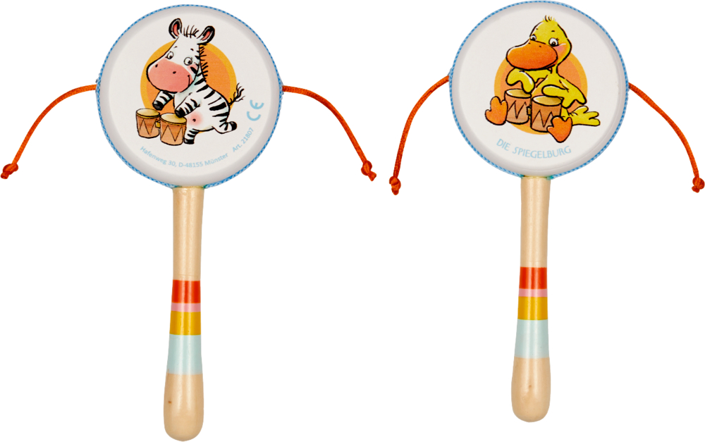 Drehtrommel - Die Lieben Sieben Zwei bunte Handtrommeln mit Zebra- und Enten-Motiven und farbig verziertem Holzgriff. An den Seiten hängen jew. zwei kurze Schnüre mit Knoten.