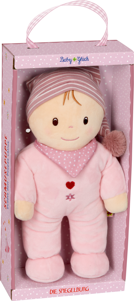Plüsch-Babypuppe im rosa Pyjama und mit Mütze, verpackt in einer rosa gepunkteten Schachtel mit Griff.