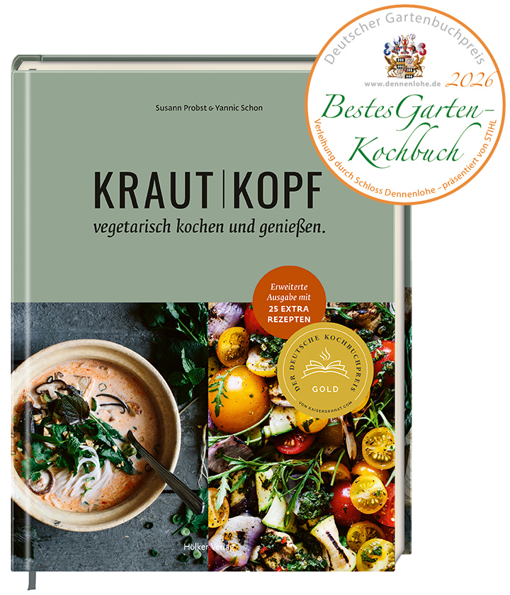 Grünes Kochbuchcover mit Suppe und Tomatengericht und Siegel zum Deutschen Gartenbuchpreis