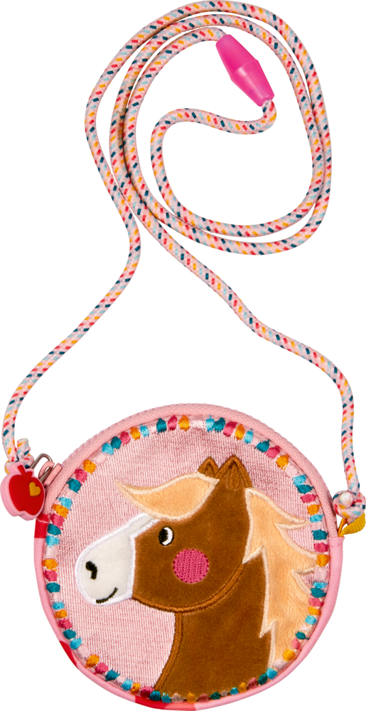 Kleines Portmonee mit Kordel "Hey! Pony" - Mein kleiner Ponyhof "Runde rosa Kinderhandtasche mit Ponymotiv und buntem Riemen auf weißem Hintergrund."