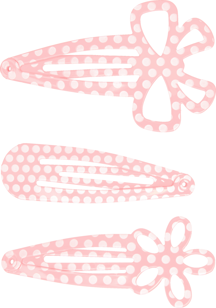 Drei rosa Haarspangen mit weißen Punkten – zwei mit Blumenmuster, eine schlicht – auf weißem Hintergrund.