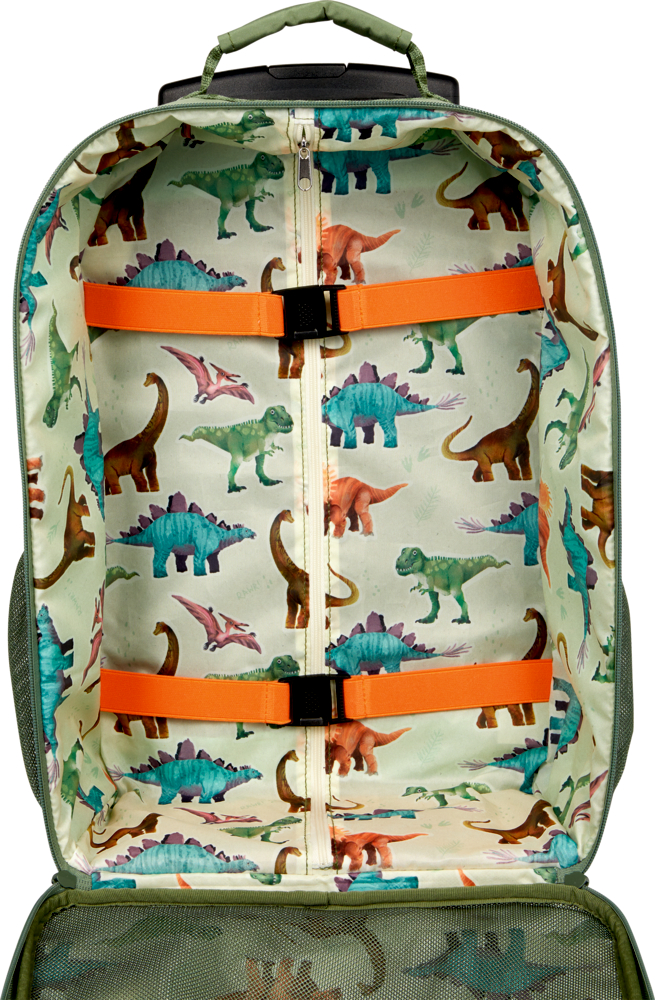 Offener Koffer mit buntem Futter mit Dinosauriermuster und orangefarbenen Riemen im Inneren.
