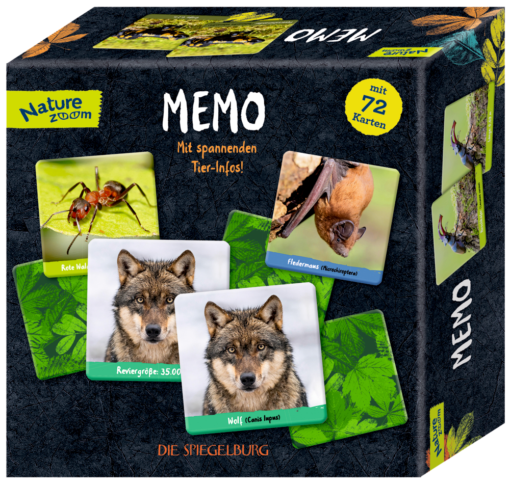 Memo - Nature Zoom "Schwarze Pappbox mit verschiedenen quadratischen Tiermotiven, davon manche doppelt."