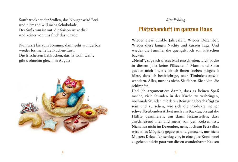 Buchinnenabbildung mit Hamster mit pinker Sonnenbrille und blauem Mantel, der entspannt auf einem Plätzchen liegt, umgeben von weiteren Weihnachtsplätzchen.