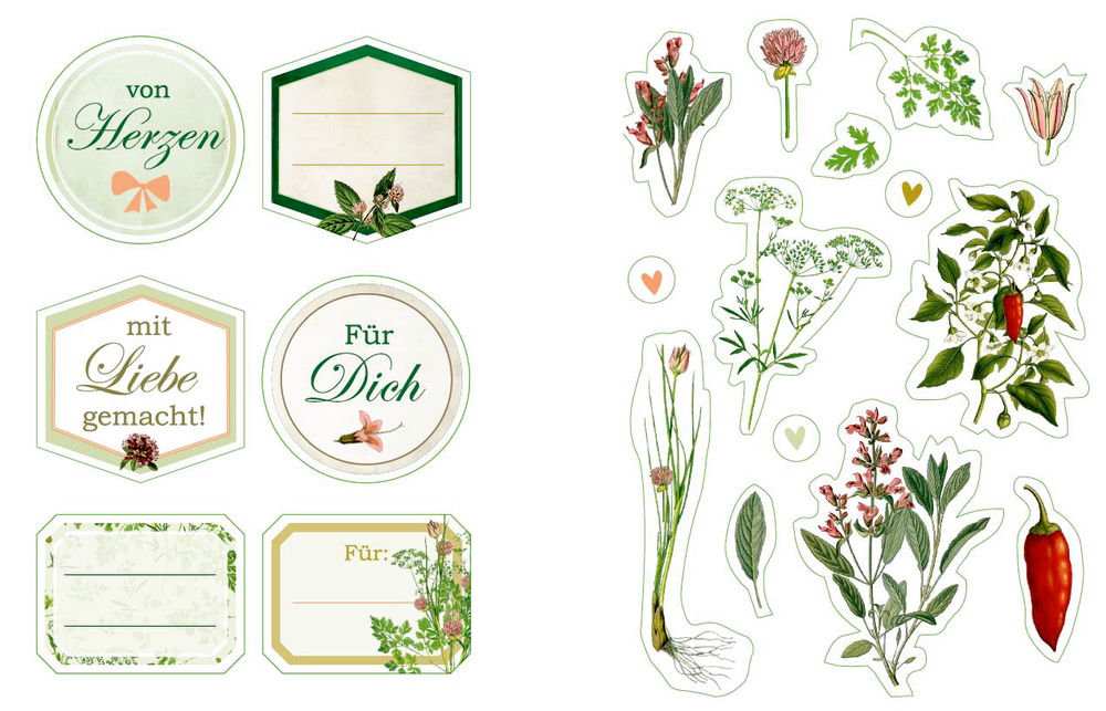 Dekorative Etiketten zum Beschriften und botanische Aufkleber mit Kräutern, Blumen und deutschem Text auf weißem Hintergrund.