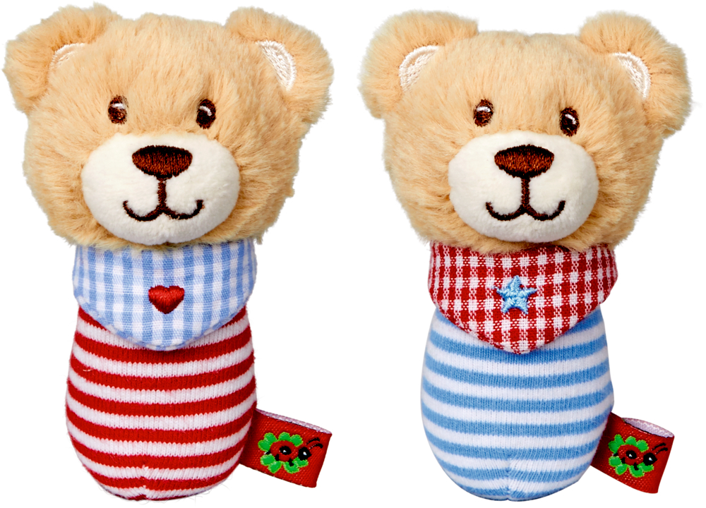 Minirassel Teddy BabyGlück Zwei Plüschteddybären mit gestreiftem Griff und gemustertem Schal – einer rot, einer blau.