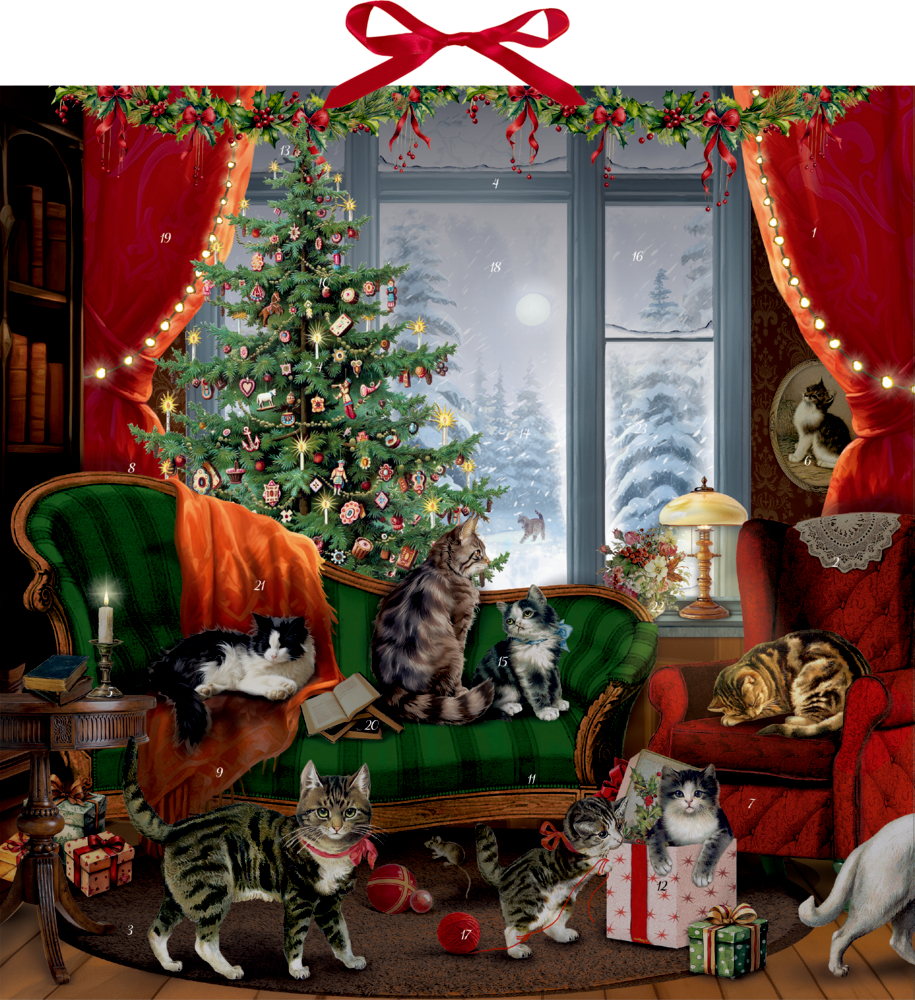 Festliches Wohnzimmer mit einem Weihnachtsbaum, roten Vorhängen und mehreren Katzen, die faulenzen und spielen.