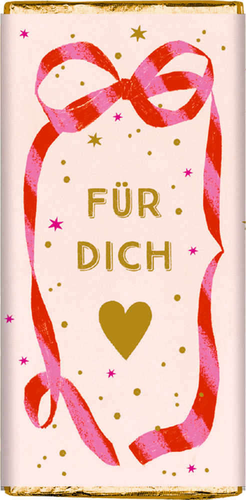 Hellrosa Schokoladenverpackung mit rot-pinker Schleife, goldfarbenem Herz und der Aufschrift „Für dich“.