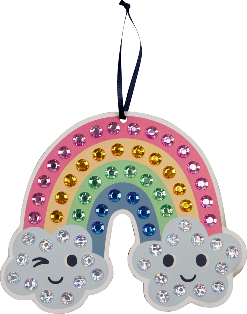 Regenbogen mit Glitzerstickern, lächelnden Wolken und einem Band oben.