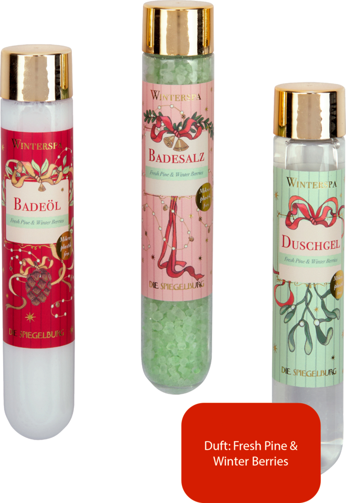 Drei Reagenzglasförmige Pflegeprodukte mit goldenem Deckel, beschriftet als Badeöl, Badesalz und Duschgel in weihnachtlichem Design.