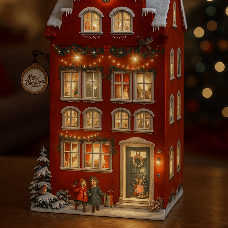 Weihnachtliches Haus mit schneebedecktem Dach steht im Dunkeln und wird von innen beleuchtet.