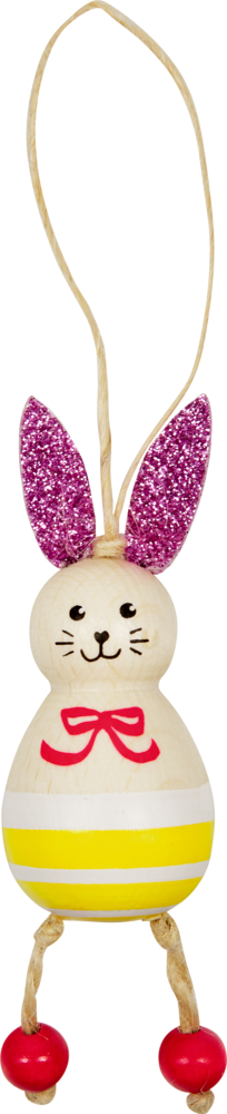 Lustiges Holzhäschen mit pinken Glitzerohren, roter Schleife und gelben Streifen, hängt an einer Schlaufe.