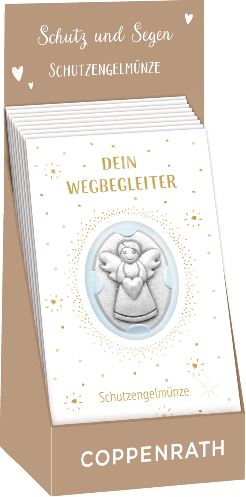 Schutzengelmünze in Geschenkumschlag mit Folie präsentiert in einem Display mit dem Titel „Schutz und Segen Schutzengelmünze“.
