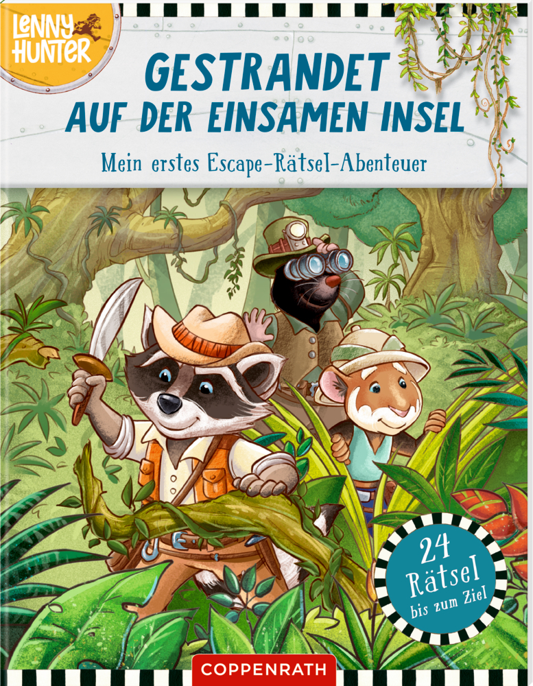 Lenny Hunter: Gestrandet auf der einsamen Insel Waschbär,Hamster und Maulwurf erkunden einen Dschungel, auf dem Cover mit dem Titel "Gestrandet auf der einsamen Insel".