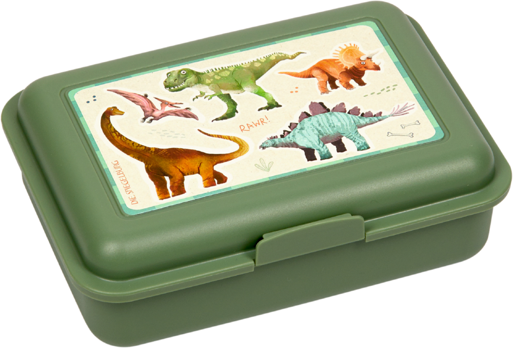 Kleine Butterbrotdose - Dino Friends Grüne Brotbox mit bunten Dino-Illustrationen auf einer hellen Fläche.