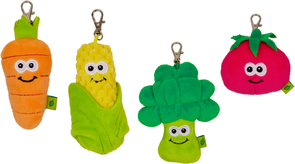 Lustiger Gemüse-Anhänger - Bunte Geschenke Set mit 4 lächelnden Plüsch-Schlüsselanhängern in Form einer Karotte, eines Maiskolbens, eines Brokkoli und einer Tomate.