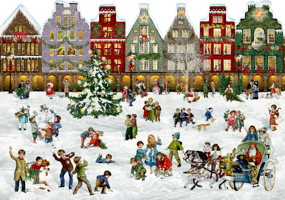 Kinder spielen im Schnee vor festlich geschmückten Stadthäusern und einer Pferdeschlittenfahrt.