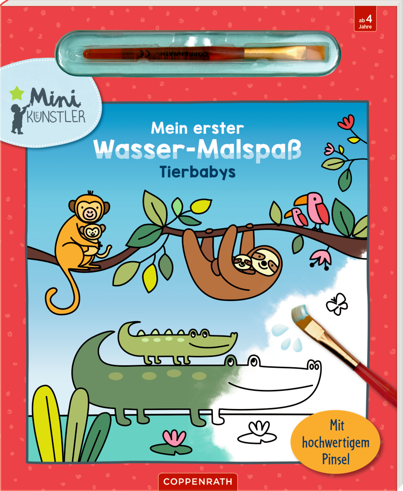 Mein 1. Wasser-Malspaß: Tierbabys (Mini-Künstler) Bilderbuchcover mit halb ausgemaltem Krokodil und eingesetztem Pinsel oben.