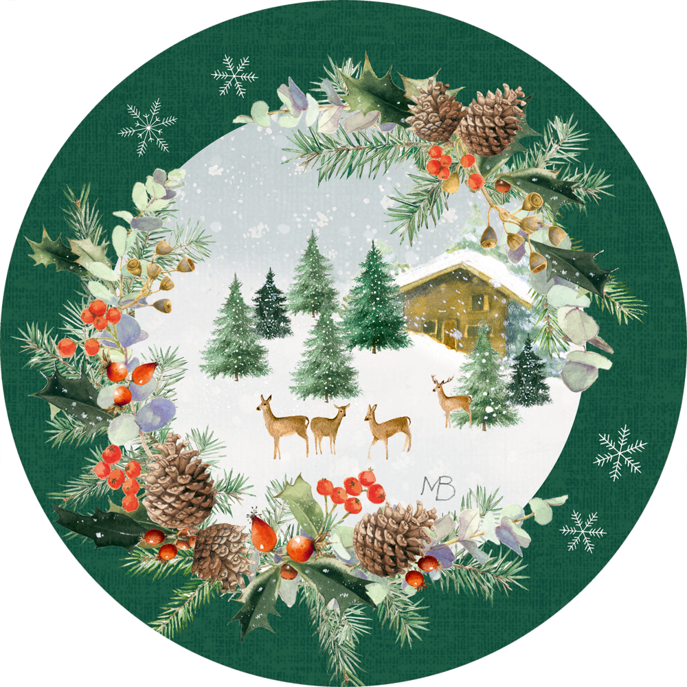 Rundes Puzzle mit einer verschneiten Hütte mit Hirschen, Kiefern und einem Kranz aus Tannenzapfen, Beeren und Blättern auf grünem Hintergrund.