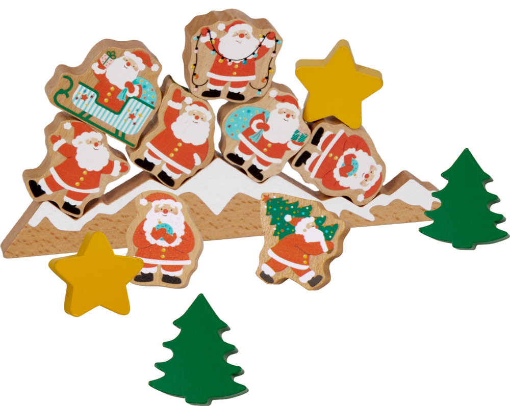 Hölzerne Weihnachtsmänner, Sterne und Bäume auf einem bergförmigen Sockel.