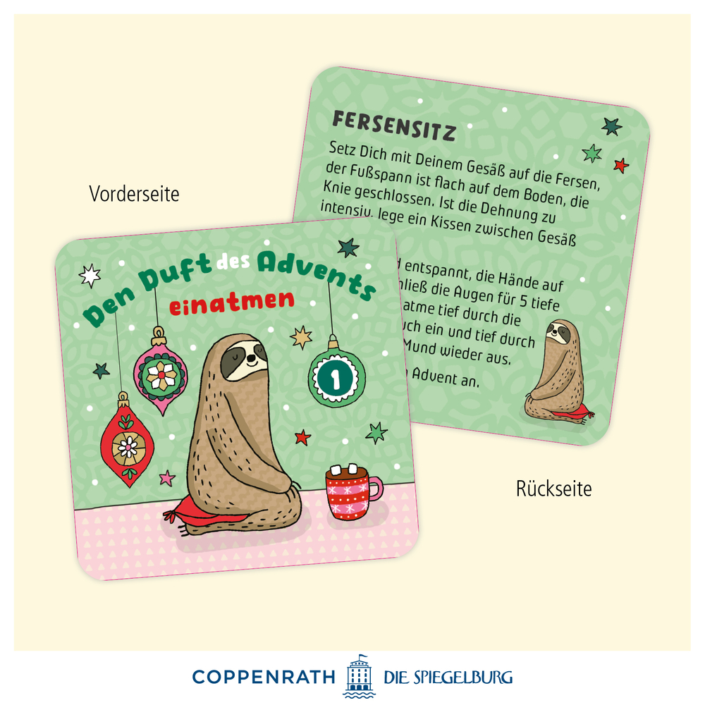 Beispielkarte (Vorder- und Rückseite) mit Faultierillustration, weihnachtlichen Ornamenten und Text, vorne mit Tasse, hinten mit Übungsanleitung.