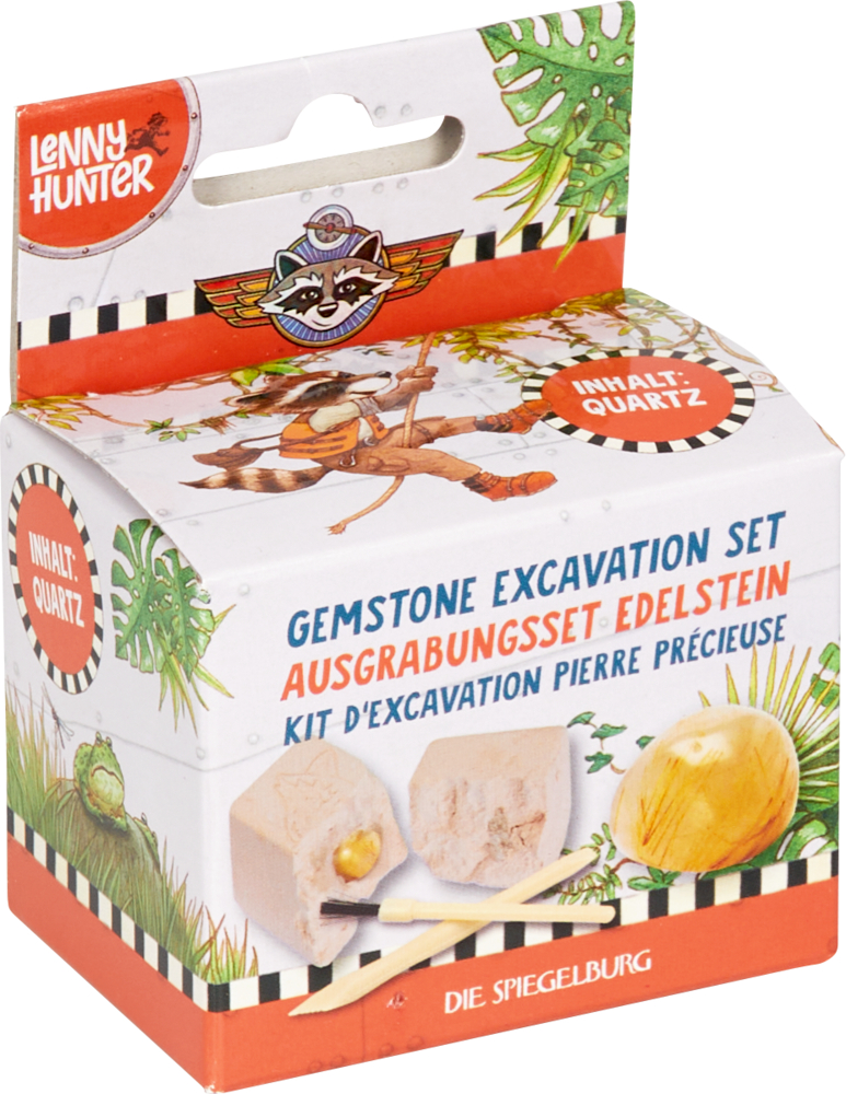 Pappschachtel mit abgebildetem Set zum Ausgraben eines Quarzedelsteins.