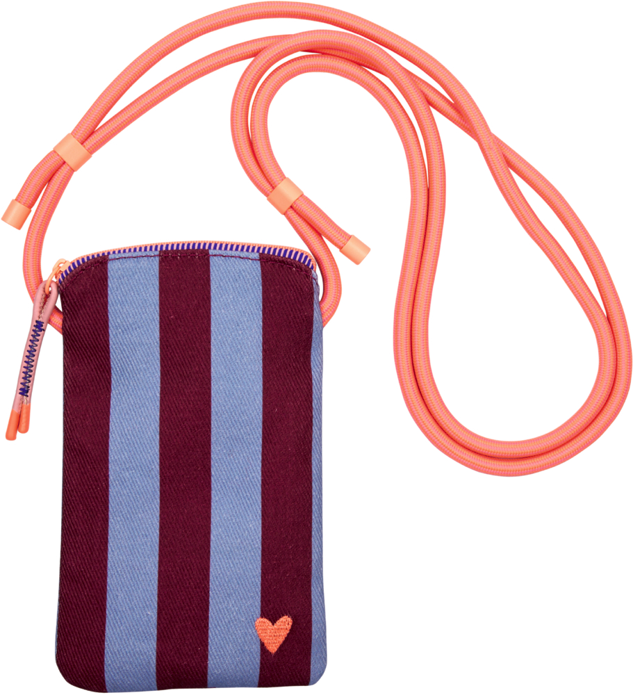 Kleine Stofftasche mit breiten blau-bordeauxfarbenen Streifen, aprikotfarbendem Herzmotiv und aprikotfarbendem Kordel.