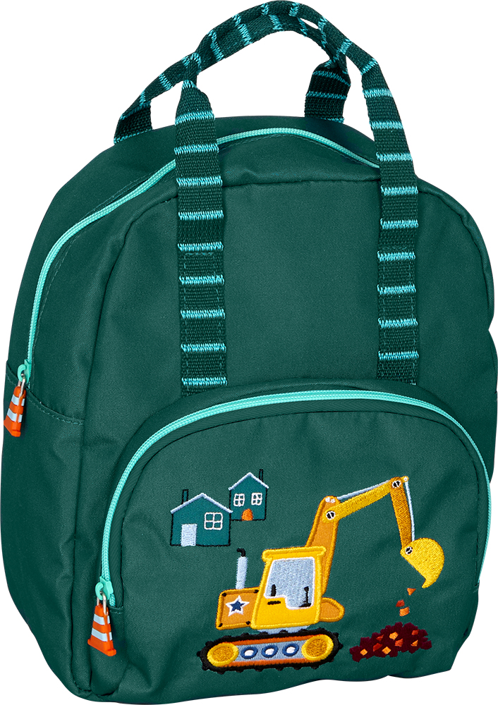 Rucksack Bagger Ed. 2 - Wenn ich mal groß bin, ... Grüner Kinderrucksack mit gestreiften Tragegriffen, Vordertasche und einem aufgestickten gelben Bagger.