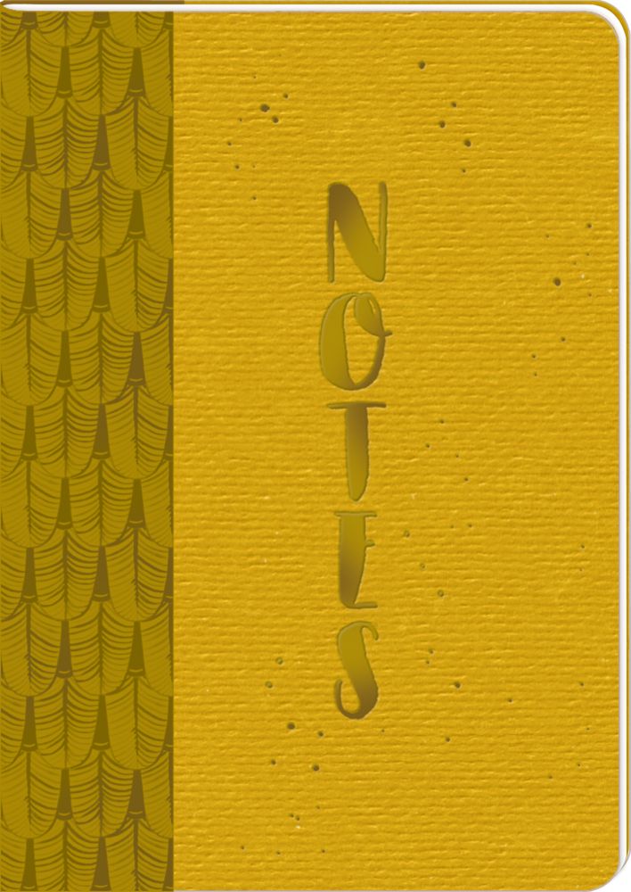 Notizheft DIN A6 - BücherLiebe! Gelber Notizbuchumschlag mit strukturiertem Muster auf der linken Seite und der vertikalen Aufschrift „NOTES“ in der Mitte.