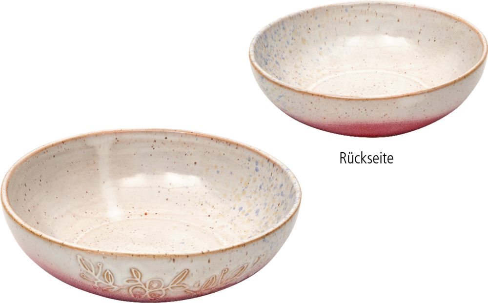 Vorder- und Rückseite einer creme-weißen Keramikschale mit Blumengravur.