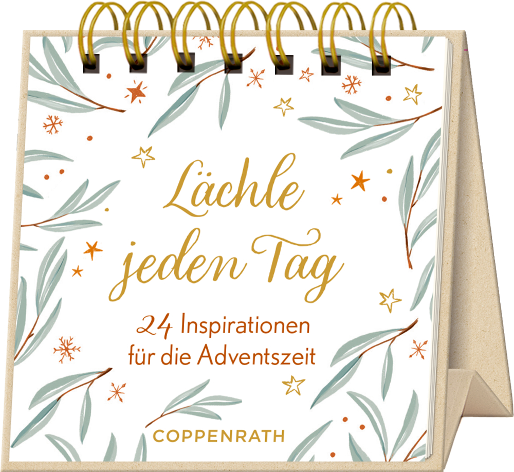 Spiralgebundener Adventskalender mit Text "Lächle jeden Tag", Blatt- und Sterndekoration auf weißem Hintergrund.