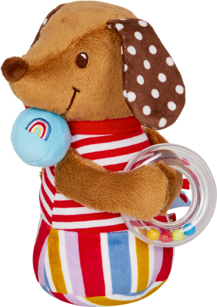 Activity-Dackel - BabyGlück  Plüsch-Hundespielzeug im bunt gestreiften Outfit, das eine Rassel und einen blauen Ball mit Regenbogendesign hält.