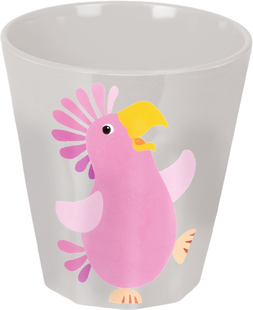 Becher Kakadu - Freche Rasselbande Grauer Becher mit einem rosa Cartoon-Kakadu mit gelbem Schnabel und rosa Federn.