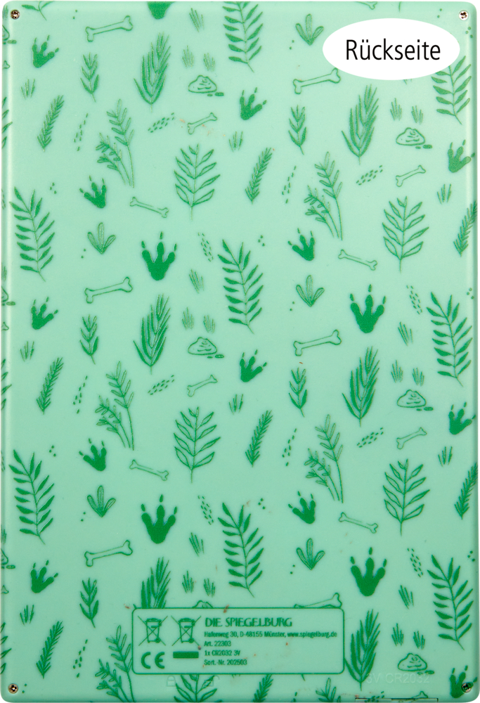Grüner Hintergrund mit Pflanzen-, Knochen- und Kronenabbildungen; deutsches Etikett „Rückseite“ oben rechts.