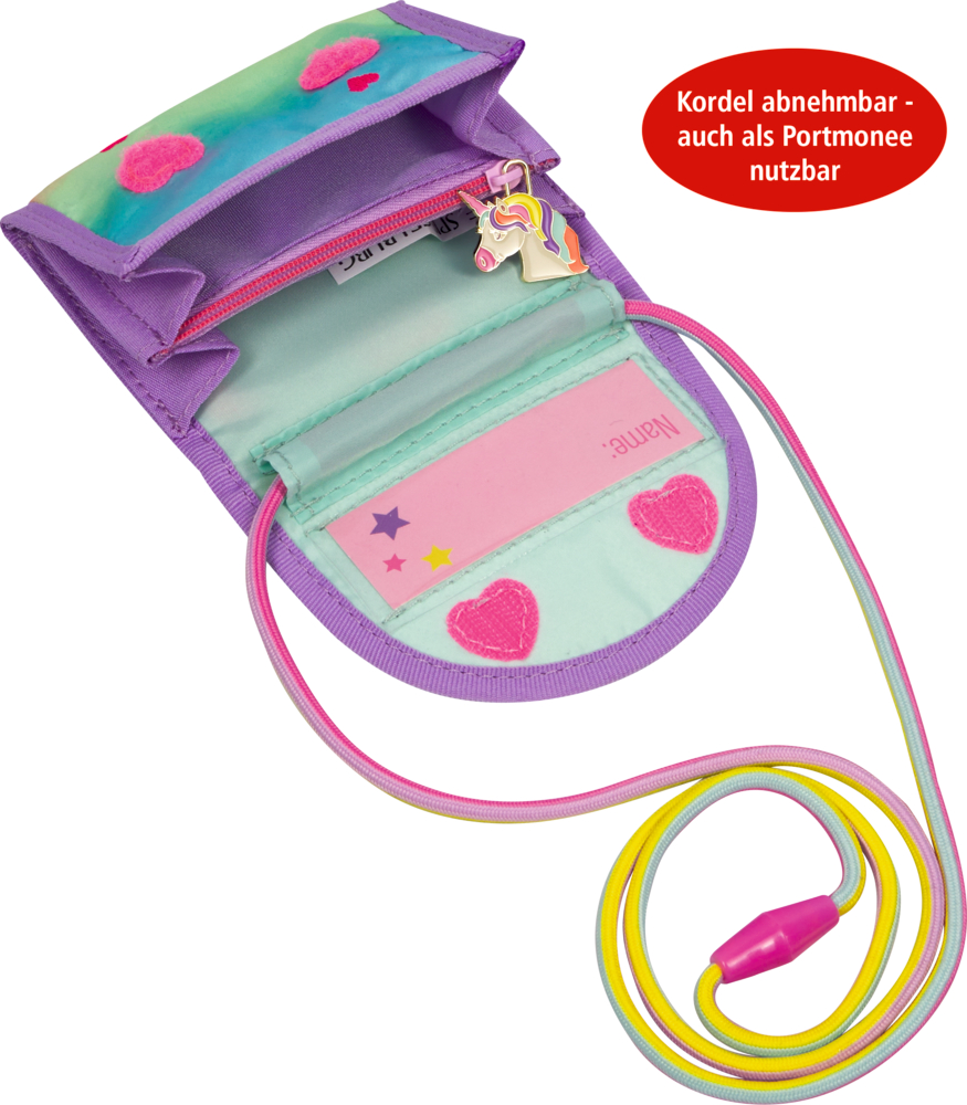 Bunte Kinder-Geldbörse mit Herzmotiven, Einhorn-Reißverschluss und abnehmbarem Regenbogen-Lanyard. Roter Kreis mit Text.