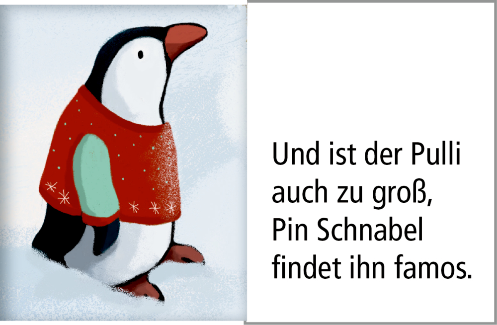 Kalendertürchen: Ein Pinguin im roten Pullover steht im Schnee, daneben ist ein Gedicht abgebildet.