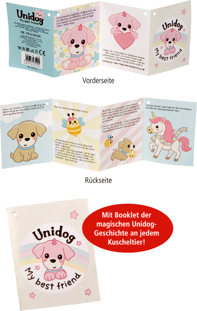 Faltblatt mit Zeichnungen von Einhorn-Hunden und Text, Titel: Unidog Mein bester Freund.