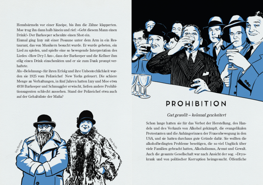 Buchdoppelseite: Gut gekleidete Gäste auf einer Party zur Zeit der Prohibition, einige lächeln und halten Getränke in der Hand.