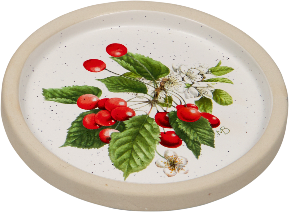 Weißer, runder Keramikteller mit gemalten Kirschen, grünen Blättern und weißen Blumen in der Mitte.