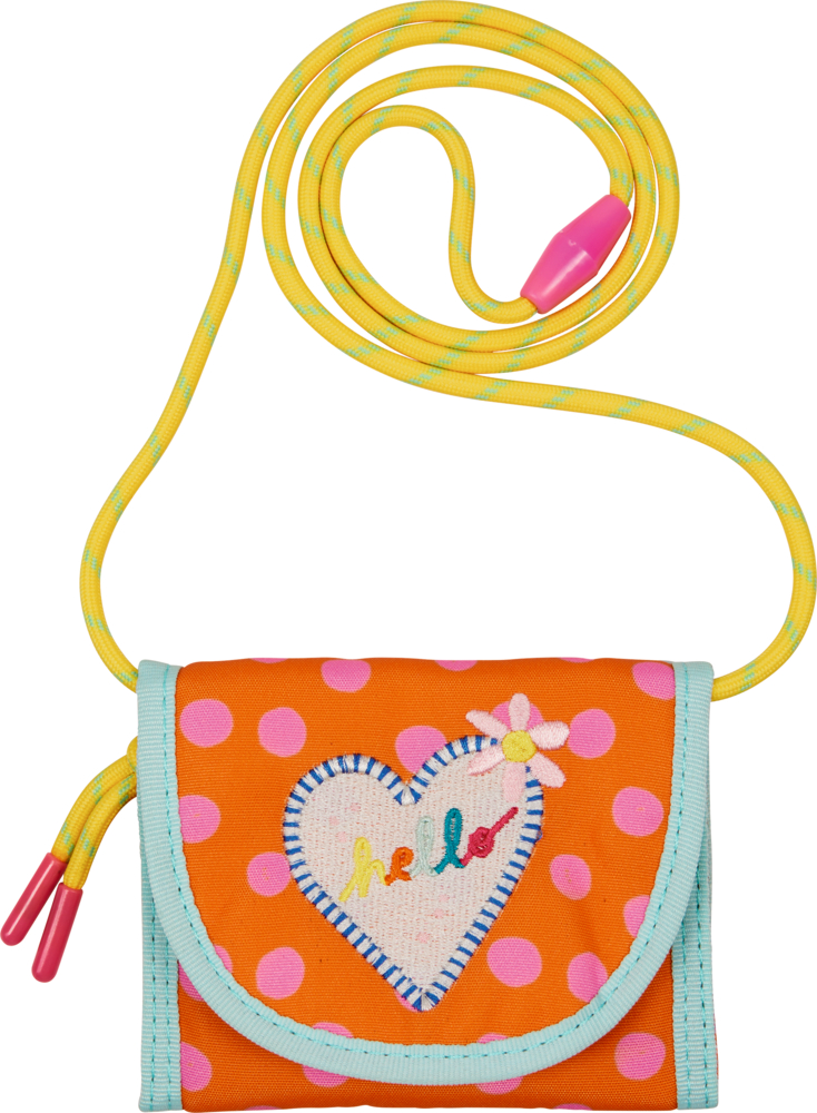 Brustbeutel Hello - Bunte Geschenke Orangefarbenes Täschchen mit Punkten, Herzaufnäher, gelbem Riemen und blauem Rand.