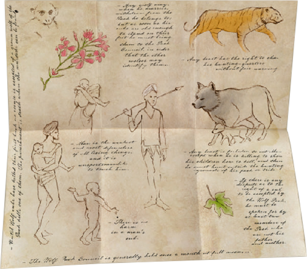 Vintage-Seite mit Tierskizzen, Pflanzen, Handschrift und Figuren einer Person und eines Kindes.