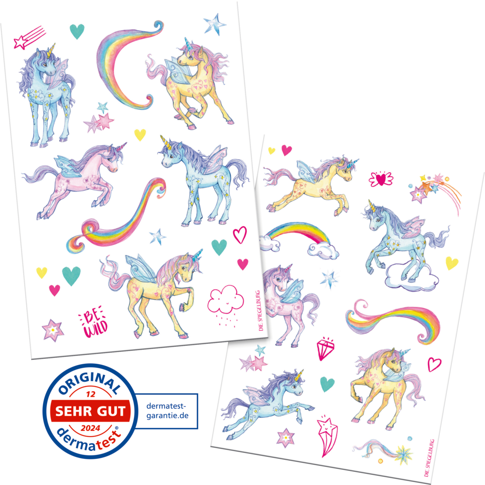 Zwei Bögen mit Einhorn- und Regenbogentattoos mit Sternen, Herzen und positiven Symbolen auf weißem Hintergrund.