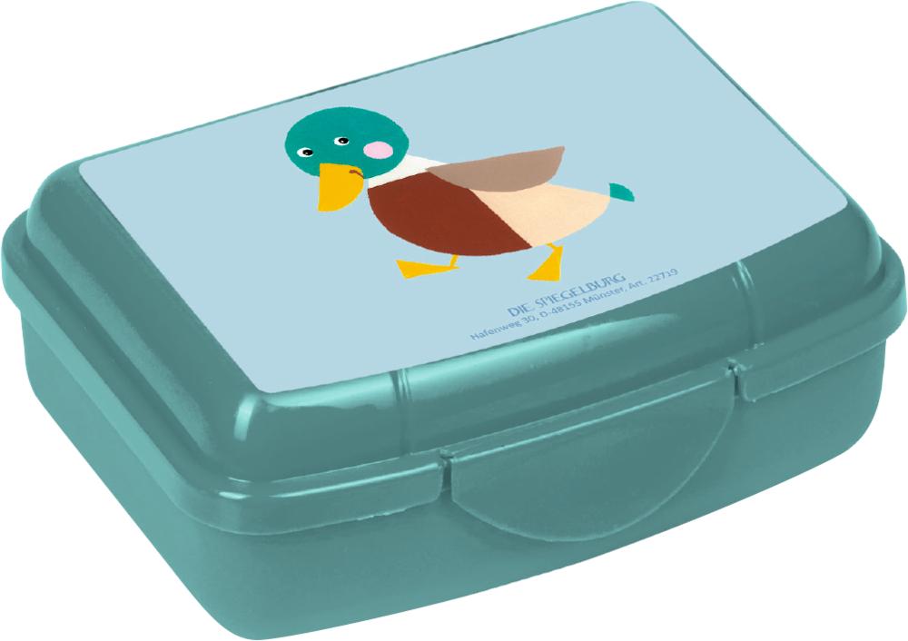 Kleine blaugrüne Lunchbox mit einer Cartoon-Enten-Illustration auf dem Deckel.
