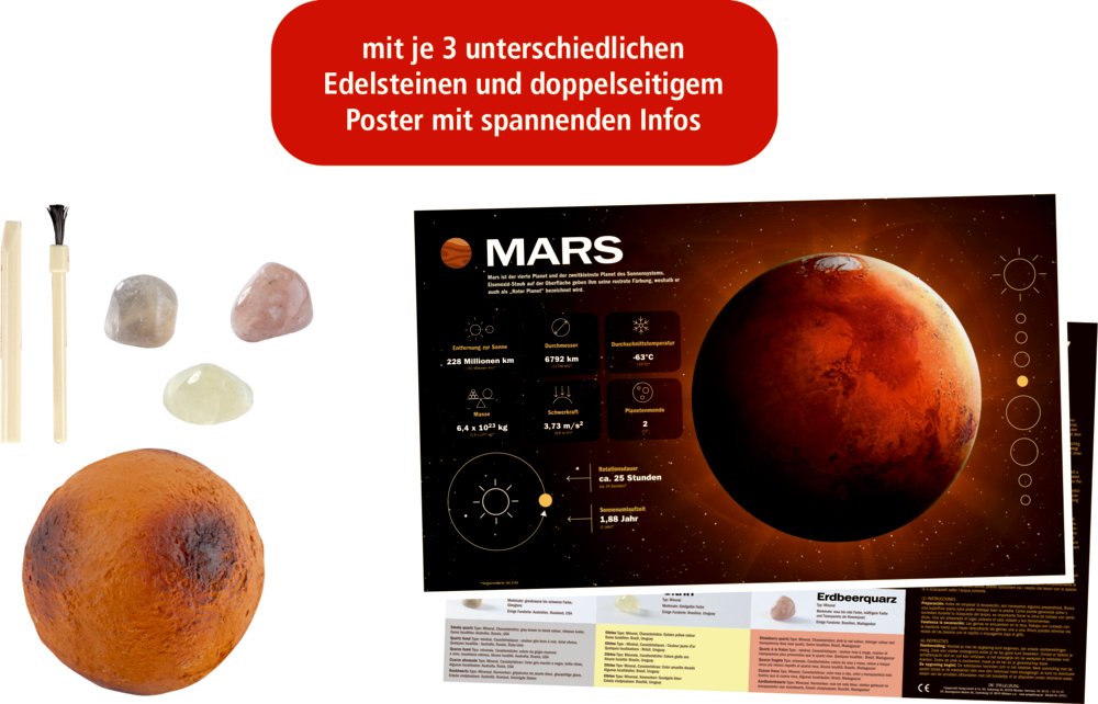 Set mit rotem Planet, drei unterschiedlichen Edelsteinen, zwei Werkzeugen und beidseitigem Mars-Poster mit Informationen.