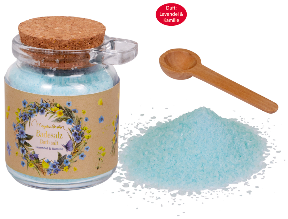 blau, Badesalz Natur pur - M. Bastin Blaues Badesalz mit Korkdeckel, Holzlöffel und Salzhaufen; duftend nach Lavendel und Kamille.