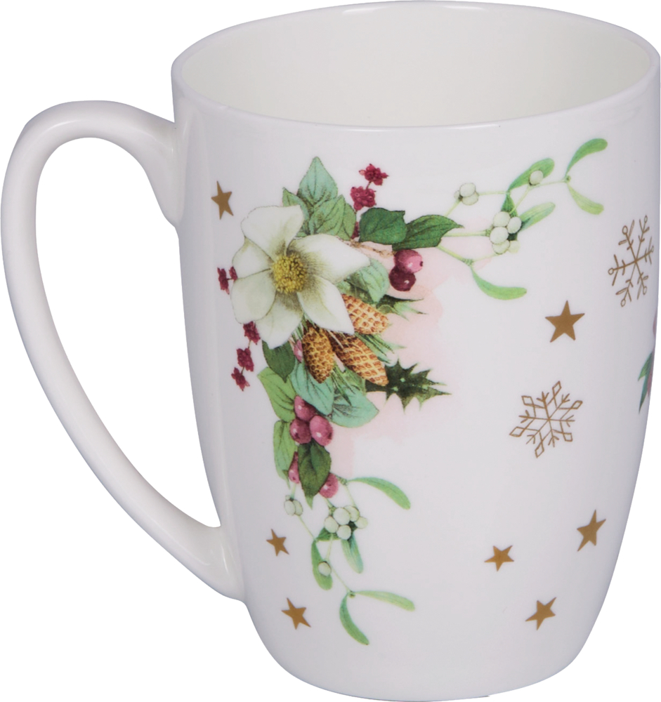 Rückseite einer weißen Porzellantasse mit weihnachtlichem Motiv aus Blüten, Beeren, Blättern, goldenen Sternen und Schneeflocken.