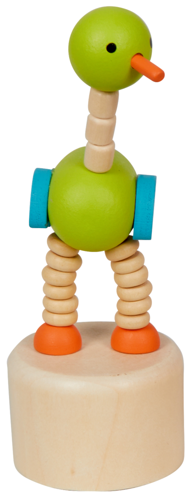 Holzspielzeug-Ente mit grünem Körper, orangefarbenem Schnabel, blauen Flügeln und biegsamem Hals.