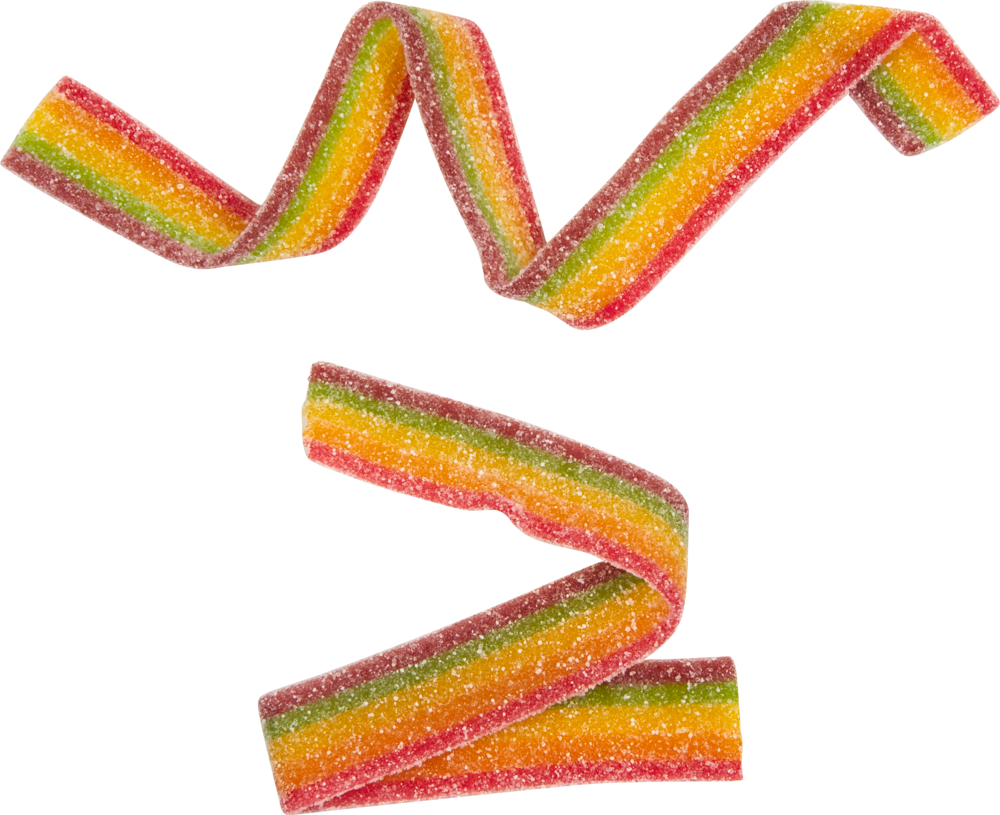 Zwei bunte saure Candy-Strips mit Zuckerschicht, wellenförmig gebogen.