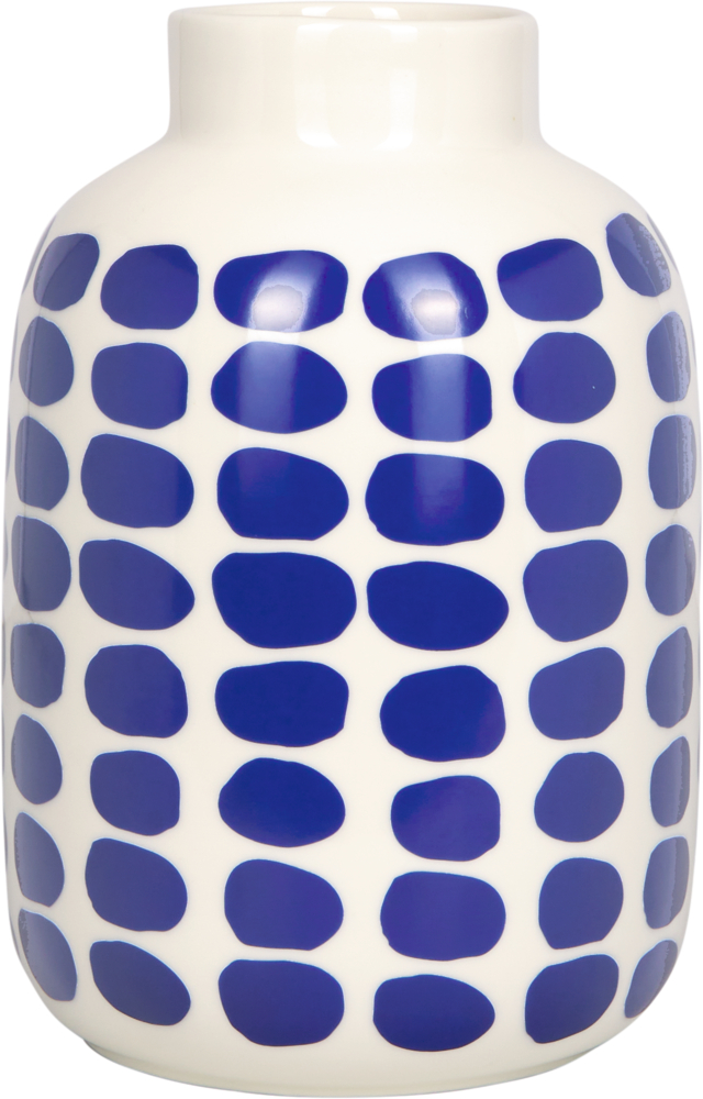 Weiße Keramikvase mit unregelmäßigen blauen ovalen Punkten in vertikalen Reihen.