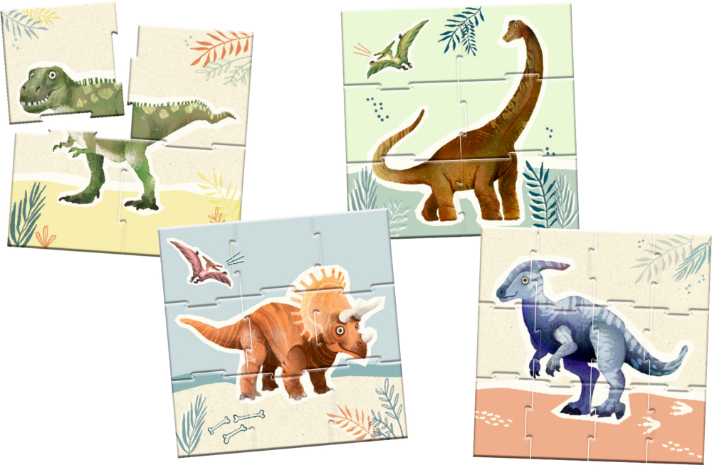 Set mit 4 pastellfarbenen Dinosaurier-Puzzles.